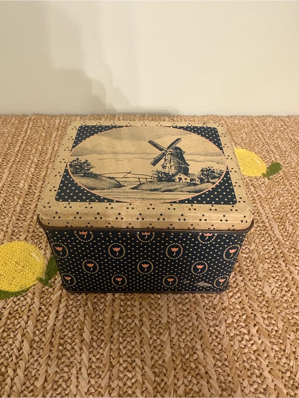 Vintage Dutch Windmill Metal Tin Navy Blue Pink Tulip Pattern Decorative Box